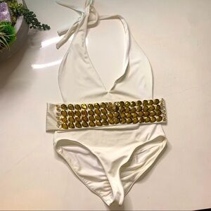 Smooch Luxe Chic gold jewel embellished Belted one piece halter swimwear small